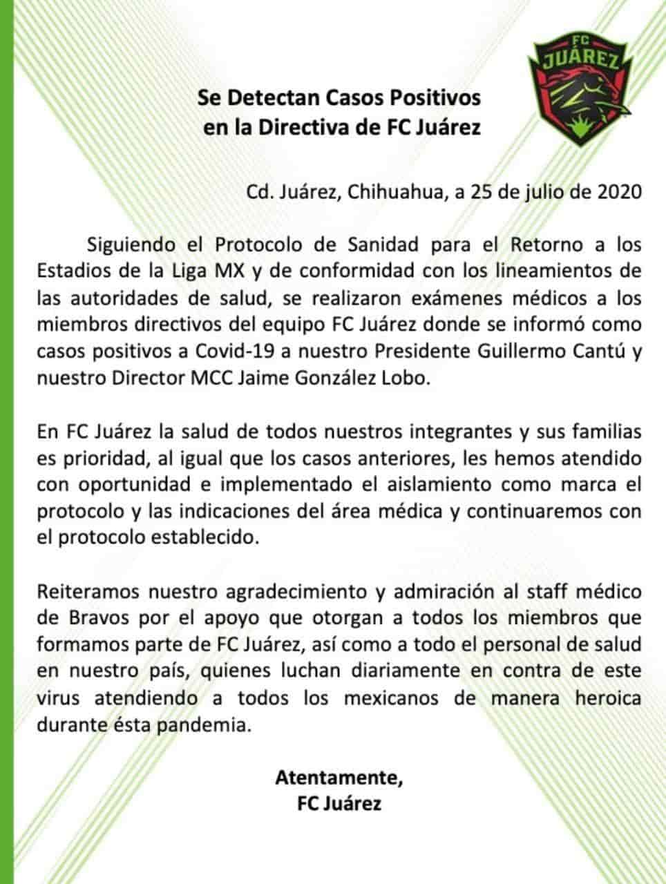 Dos casos de COVID en Juárez FC; uno es su presidente Dos casos de COVID en Juárez FC; uno es su presidente