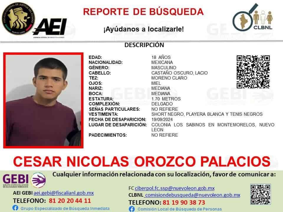 Elementos de la Fiscalía General de Justicia del Estado, buscan a un joven de 18 años de edad, quien desapareció del municipio de Montemorelos.