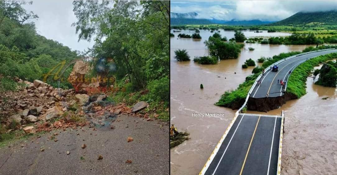 Derrumbes y puente destruido por remanentes de John en Michoacán