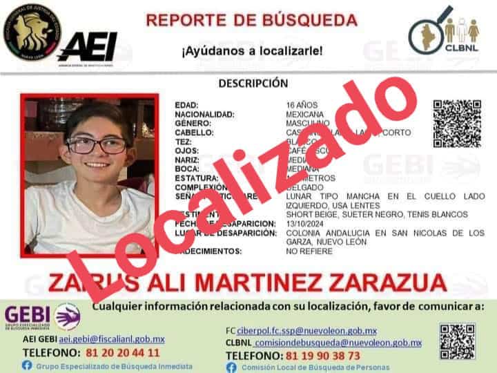 Después de un intenso operativo de búsqueda, la Fiscalía General de Justicia, logro ubicar con vida al joven estudiante de la Prepa 2 de la Universidad Autónoma de Nuevo León, quien se encontraba desaparecido desde el pasado domingo.