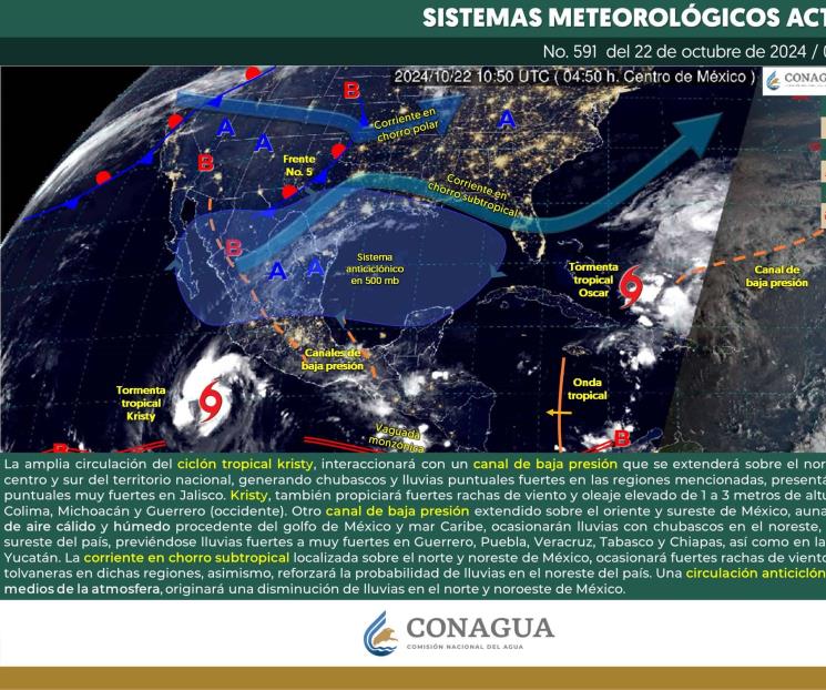 Ciclón tropical Kristy y canales de baja presión provocarán lluvia