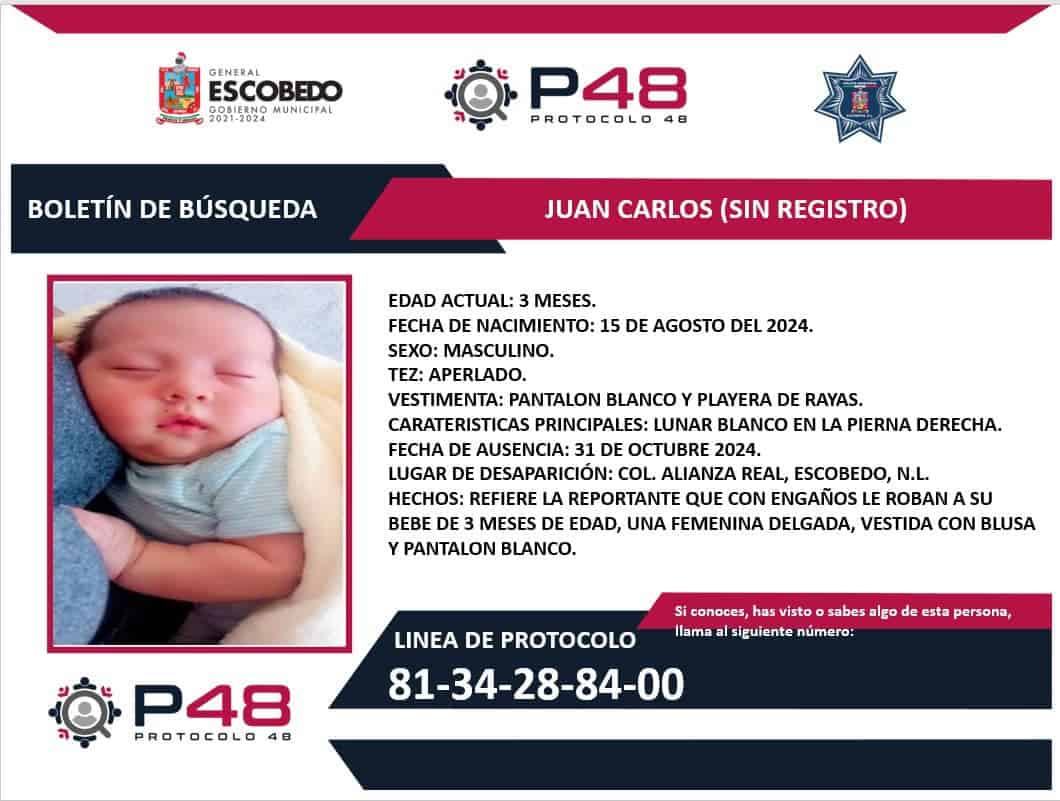 La búsqueda del bebito sustraído en el municipio de Escobedo, ya se extendió a nivel nacional e internacional, al ser lanzada la alerta amber en todo el territorio, ante el temor de que el infante ya haya salido del estado.