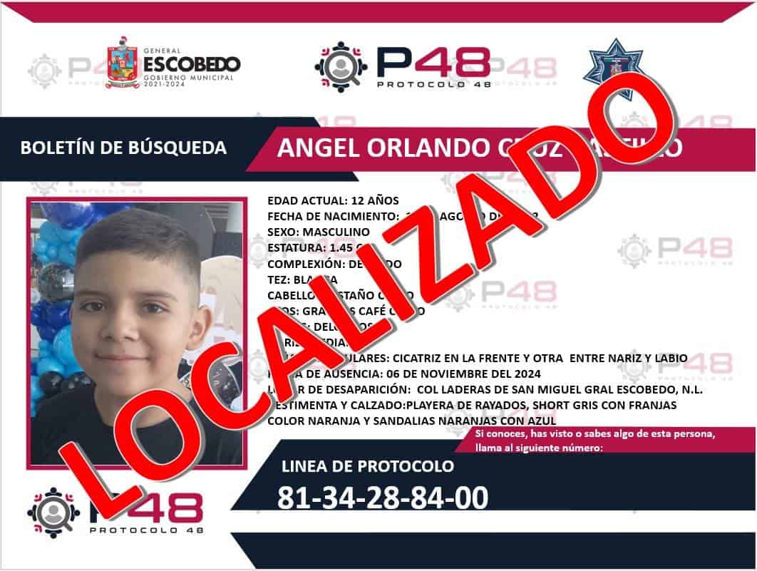 Luego de varias horas de angustia para su familia, un menor de 12 años de edad  con reporte de extravío fue localizado por policías de Proxpol de Escobedo.