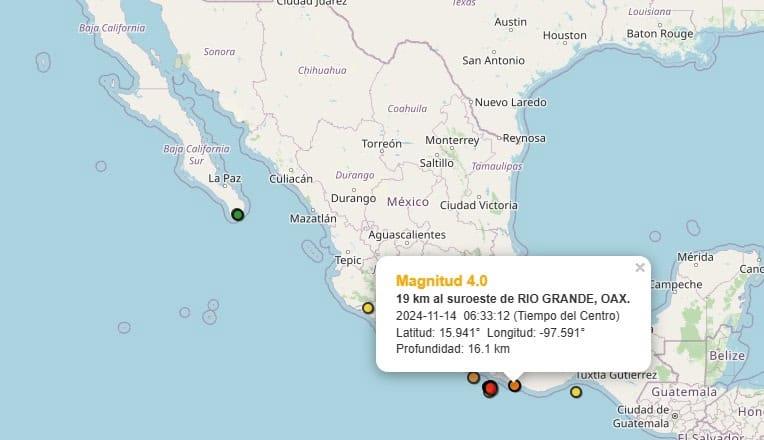 Se registra sismo de magnitud 4.0 al Suroeste de Río Grande, Oaxaca