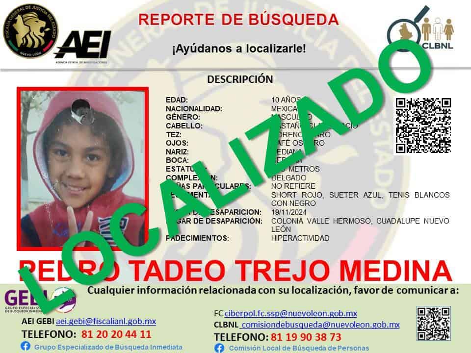 Elementos de la Agencia Estatal de Investigaciones, lograron ubicar a un niño de diez años, que permaneció extraviado 13 días, luego de salir de su domicilio en el municipio de Guadalupe.