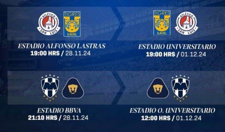 Conocen Tigres y Rayados horarios en liguilla de la Liga MX