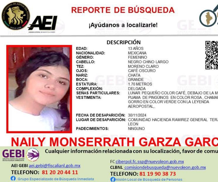 Desaparece niña de 13 años en General Terán