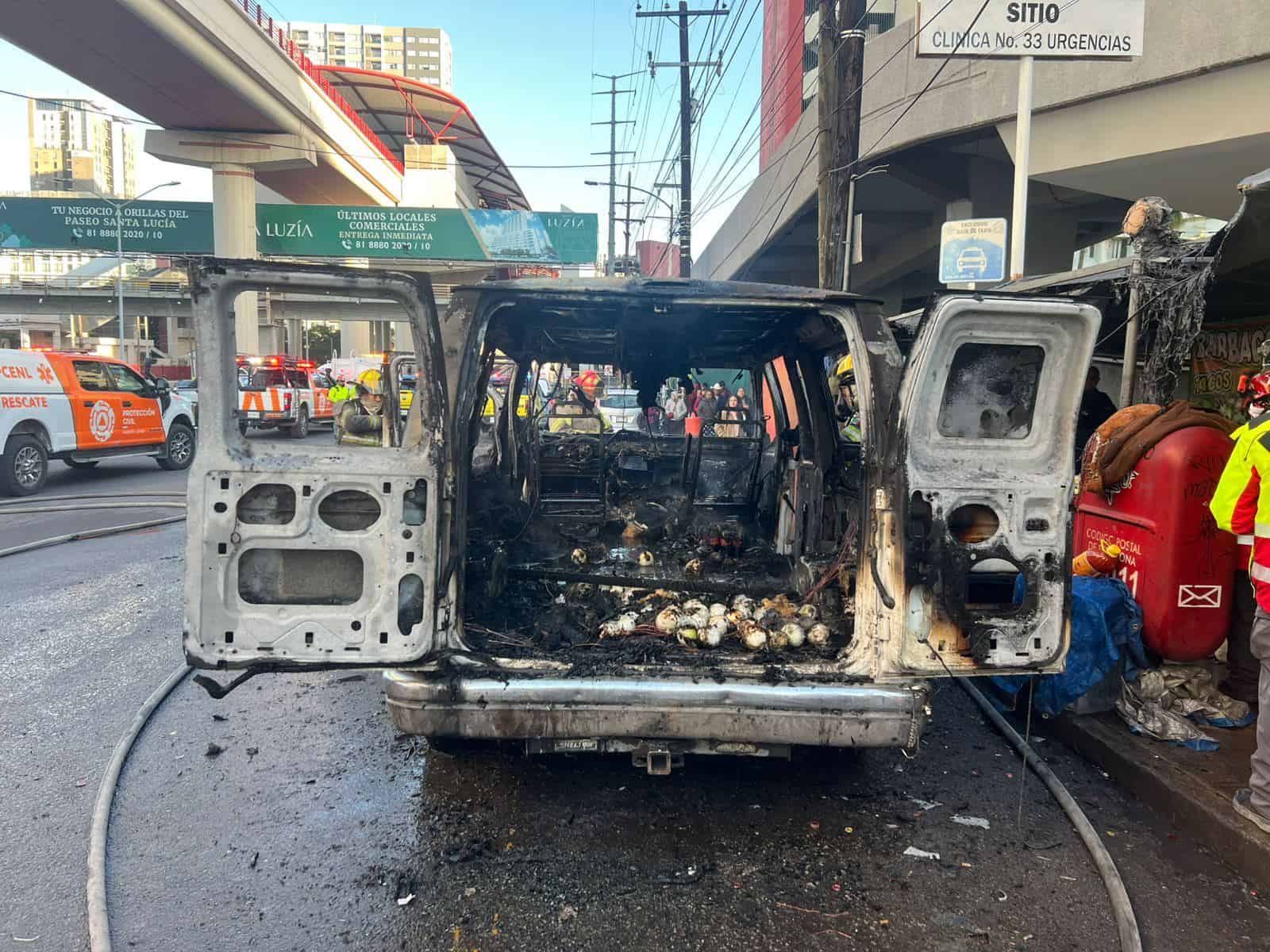 En unos cuantos minutos una camioneta utilizada por comerciantes de venta de comida, fue consumida por las llamas al incendiarse, ayer frente al Hospital General de Zona 33, en Félix U. Gómez y Constitución.